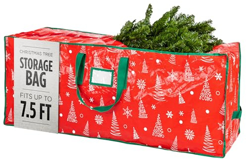 Christmas Tree Storage Bag - Stores 7.5 Foot Artificial Xmas Holiday Tree, Zippered Bag, Durable Waterproof Material, Carry Handles - Protects Against Dust, Insects and Moisture (Red Printed)