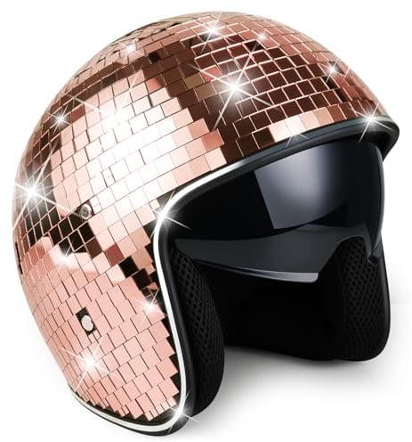 Yoiemivy Disco Ball Helmet with Retractable Visor Glitter Mirror Glass Disco Helmet Punk Disco Ball Costume Hat for Bar DJ Club Party (Rose Gold)