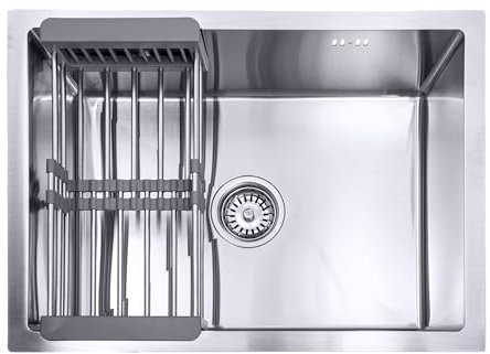 Lendo Online Evier Cuisine 1 Bac avec Egouttoir - Evier Inox avec kit de vidange complet - Bouchon d'eau et Siphon -Acier inoxydable (Argent, 59x44x20cm)