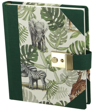 Vera Donna Buchbinderische Papier & Lederverarbeitung Tagebuch mit Schloss Afrika mit Rücken und Buchecken aus grünem Buchbinderleinen