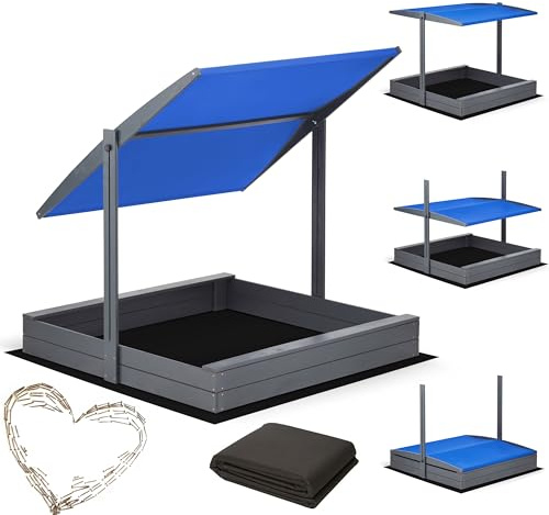 Sandkasten mit Dach 120x120 140x140 150x150 Imprägniert Modell 2025 mit Sonnenschutz mit UV 100+ Schutz Sandbox mit Sandkastenvlies Holz, Sandkiste Sandbox Anthrazit (120x120 Dach Blau)