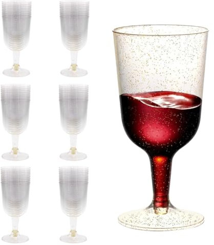 Gohytal 50 Plastic Cocktail Gold Glitter Wine Glasses (150ml), Reusable Stemmed Party Wine Cups for Whiskey Champagne Beer Cocktails, Dessert, Large Parties, Weddings, Birthdays, Picnic