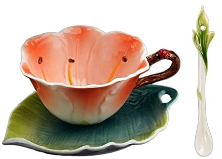 YANGKUI518 Mugs, Exquisite Enamel Colored Ceramic Cups with Cups Plates Spoons and Pastoral Creative Flower Shaped Coffee Cups,Coffee Mug