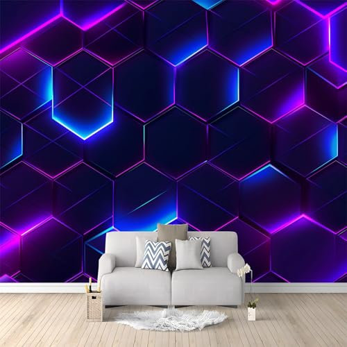 Wall Mural Traditional Neon Hexagon Print Photo Wallpaper 300 x 210 cm Non-Woven Premium Wall Mural for Living Room Kids Bedroom Decoration Poster Black
