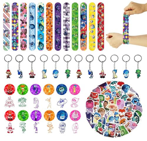 86Pcs Regali per Feste In-side Out, 12Pcs Braccialetti Slap Bracciali Clap, 12Pcs Inside Portachiavi, 50Pcs Adesivi, 12Pcs Timbri per Bambini, In-side Out Regali di Compleanno per Ragazzi Ragazze