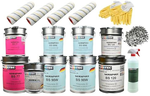 SAMATEC Juego completo de revestimiento de suelo en color gris platino RAL 7036 para 50 m² 2 K resina epoxi pintura para suelos de hormigón, incluye imprimación + herramienta + limpiador