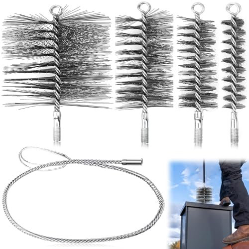 Kit Ramonage Poele Pellet 4Pcs Brosses de Ramonage Cheminée 30/50/80/150 mm Hérisson Ramonage Acier Inoxydable avec 1 m de Fil d'acier pour Nettoyage de Cheminée