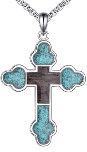 URONE Kreuz Halskette 925 Sterling Silber Orthodoxes Kreuz Lateinisches Kreuz Kreuz Türkis und Holz Anhänger Halskette Kreuz Schmuck Geschenke für Frauen Männer