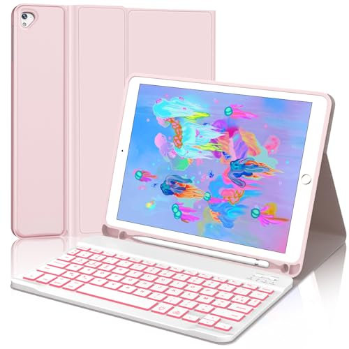 JADEMALL Coque Clavier pour iPad 6eme/5eme Generation 9.7 2018/2017, iPad Air 2/1-2014/2013, AZERTY Clavier Rétro-éclairé Bluetooth Détachable Housse avec Pen Holder, Rose