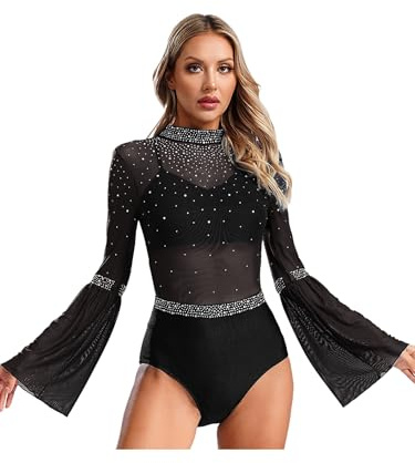 Xnihocha Damen Glitzer Tanzbody Sheer Mesh Tanzanzug Langarm Ballettanzug mit Strass Einteiliger Eiskunstlauf Tanz Trikotanzug