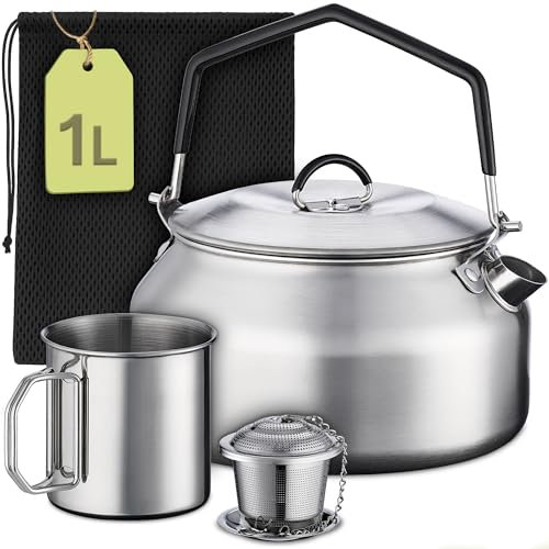 Praknu Camping Wasserkocher Set 1L Edelstahl - Ohne Strom - Wasserkessel, Becher, Teesieb & Tasche - Stapelbar - Feuer, Gasherd - Hitzebeständiges Silikongriff - Spülmaschinenfest