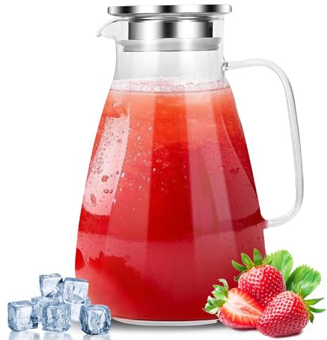 Bottiglia d'acqua in vetro da 2,2 l, brocca in vetro, brocca per succo con coperchio in acciaio inossidabile, bottiglia d'acqua ermetica a prova di perdite, adatta per tè freddo, tè caldo, succo