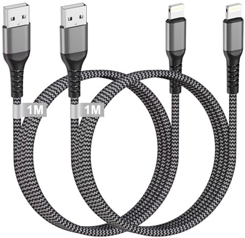 Cavo iPhone 1 Metri 2 Pezzi [Apple Certificato MFi], Cavo USB Lighting Nylon Cavo Ricarica iPhone Cavetto iPhone Filo Caricatore iPhone per iPhone 14/13/12/11/X/8/7/6/5/SE, iPad Pro/Air/Mini, AirPods