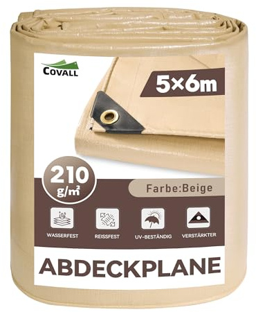 COVALL Bâche Beige 5x6m 210g/m², Protection Extérieure Imperméable | Avec œillets renforcés, anti-UV, résistante aux intempéries et au gel, usage extérieur polyvalent