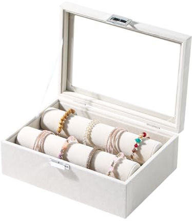 Coward Armreif-Armband-Aufbewahrungsbox, Armband-Organizer-Box mit durchsichtigem Deckel, Armreif-Uhren-Schmuck-Präsentationsbox für Frauen und Mädchen (Beige)