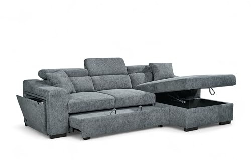 Blue Fabric Corner Sofa Bed with Storage, USB and Wireless Charging Dock ARTHUR - L Shaped Pull Out Sofa Bed 3 Seater for Family Living Room with Cushions, 220 x 140 cm Sleeping Area, Right Hand