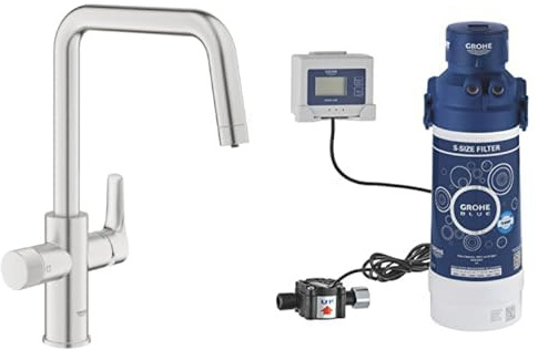 GROHE Blue Pure Eurosmart – 3 Way Water Filter Tap (High U-Spout, Swivel Area 150°, Dedicated Filter Handle, 28mm Ceramic Cartridge, 3/8 Inch Tails, with Hard Water Filter Starter Set), Supersteel
