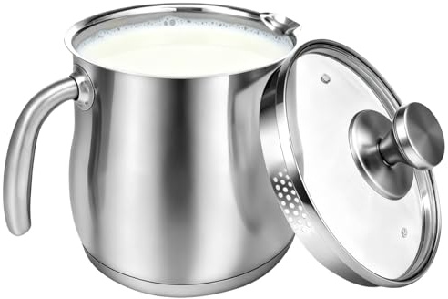 Pentola per latte a induzione da 14 cm, con coperchio in vetro, 2 l, in acciaio inox 304, con manico, foro per vapore e beccuccio, base a tre strati, per induzione, pentola universale per tutti i