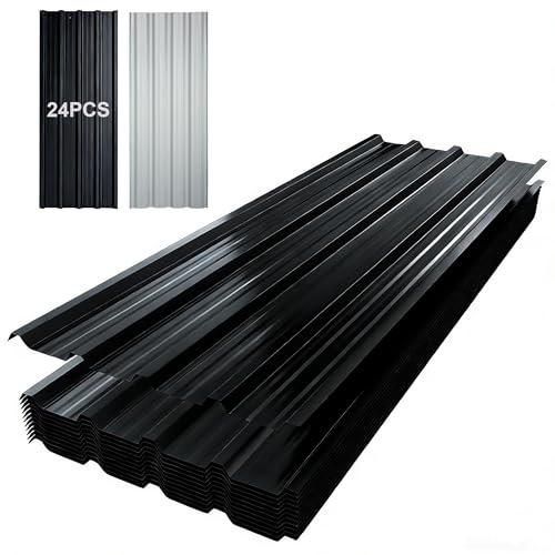TEOV 24 Pack Metal Corrugated Roofing Sheets 115x45CM | 0.25mm Thick Trapezoidal Roof Plates Waterproof for Carports, Tool Sheds, Greenhouses & Wall Cladding (Black)