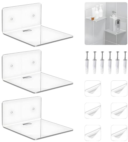 3 PCS Clear Acrylic Floating Wall Shelves, Acrylic Shelf, Small Clear Acrylics Display Shelf With Cable Hole for Monitors, Speakers, Plants; Perfect Decor for Bathroom, Living Room, Kitchen, Office.