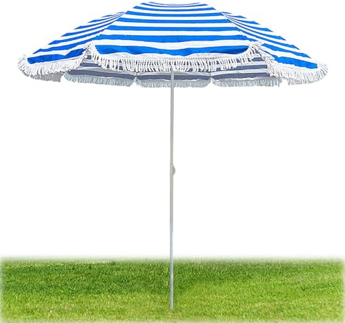 Générique Parasol De Patio À Franges Rayé Bleu Et Blanc UPF50+ Parasol D’extérieur Hauteur Réglable pour Plage Et Jardin avec Toile Imperméable Et Structure en Métal Parasol De Marché