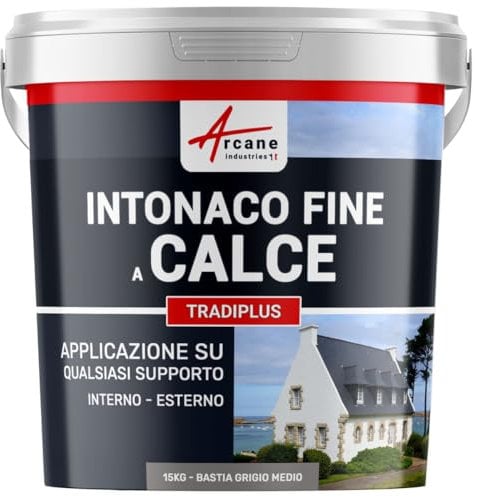 Enduit fin à la chaux, décoration, intérieure, extérieur, maison : Tradiplus - 15 kg (jusqu'à 14 m²) Bastia - Gris Moyen - ARCANE INDUSTRIES