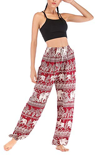HONGBI Damen Baumwolle Haremshose mit Taschen Thai Hippie Hose Hosenrock Pumphose Baggy Boho Ethno Elefant Gemustert Strand Sommerhose Yogahose Aladinhose mit Elastischen Bund