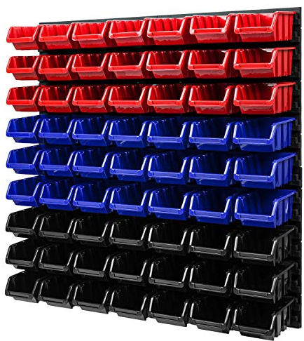 PAFEN Wandregal Stapelboxen Lagersystem - 772 x 780 mm – 63 Stück Boxen Werkstatt Schüttenregal Werkzeuglochwand (Rot/Blau/Schwarz)