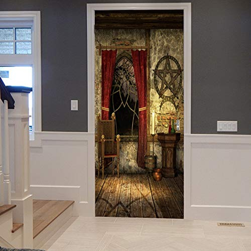 A.Monamour Türtapete Selbstklebend Türfolie Türposter 3D Vintage Altes Gotisches Mittelalterliches Haus Schlafzimmer Pentagramm Vinyl Folie Türdeko Tapete Wandbild Türaufkleber Türtattoo 77 x 200 cm
