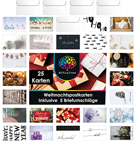 OfficeTree 25x Weihnachtspostkarten Set mit 5 Umschlägen - Weihnachtskarten Set mit Umschlag - Deutsche, Englische und Spanische Sprüche zu Weihnachten und Neujahr - Weihnachts Postkarten - XMAS Cards