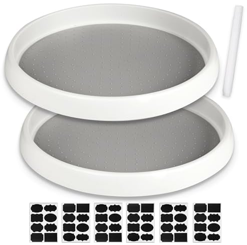 EasyFind 2-Pack Lazy Susan Turntable Cupboard Organiser | 25cm Rotating Storage: Kitchen Fridge Bathroom Spice-Rack Makeup | Plus 48 Chalkboard Labels & White Chalk Pen | Tidy-Spin-Find-Reduce Waste