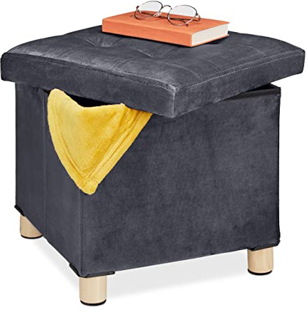 Relaxdays Samthocker mit Stauraum, Tablett im Deckel, mit Holzbeinen, eckiger Sitzhocker, HBT: 35x38x38 cm, dunkelgrau