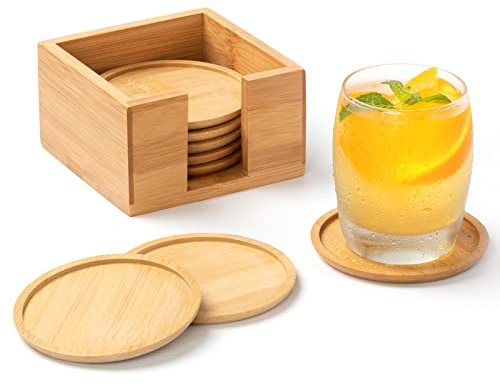 Rainsworth Untersetzer Holz Rund für Gläser - 8er Glas Untersetzer Set mit Box - Waschbare Glasuntersetzer Geeignet für Getränke, Bier, Glas, Tassen - Tischuntersetzer Weihnachtsdeko Geschenke