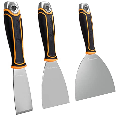 ROLLINGDOG Wallpaper Scrapers - Paint Scraper Tool Putty Knife Set with Rubber Handle, Hammer End for Filling, Jointing,Taping (1.5 Stiff,3 & 6 Flexible)
