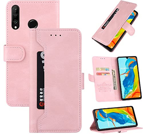 CASAFUNY Cover per Huawei P30 Lite/Huawei P30 Lite New Edition Custodia, Completa Protettiva Case in PU Pelle Flip Caso Magnetica Cover Portafoglio Custodia per Huawei P30 Lite, Rosa