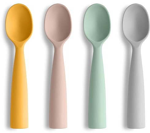 Vicloon Cuillères en Silicone Bébé,4pcs Cuillères pour Bébé Anti-dérapant Ultra-douce Manche Long et Ergonomique,Convient pour L'auto-alimentation de Bébé