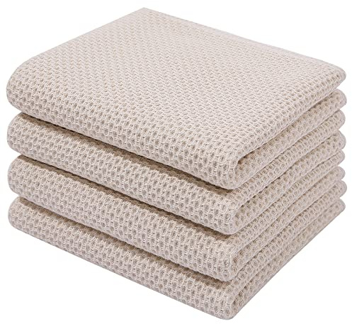 Moosfor 100% Cotton Tea Towels 4 Pk 32 x 71 cm Dish Cloths Beige | Highly Absorbent Soft, Quick Drying, Lint-Free, Grease Removing, Gentle on Cookware, Great for Dishes, Sink & Dining Table