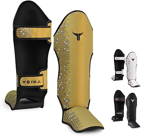 Mytra Fusion Protege Tibia Boxe Protege Tibia MMA, Muay Thai protège Tibia – Shin Instep Protection pour Le Kickboxing, l'entraînement, Le BJJ, l'équipement de Boxe et Les Arts Martiaux (L, Gold)