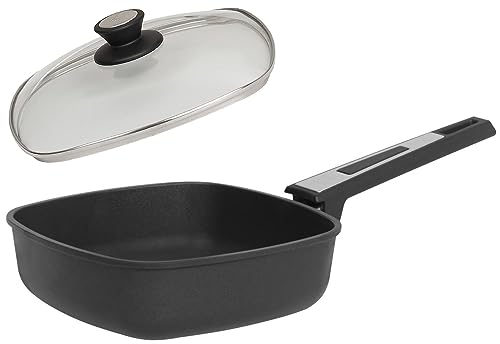 SKK große 2-tlg. Viereckpfanne 28x28 cm - ohne Induktion - beschichtete Guss Hochrandpfanne & Glasdeckel mit Edelstahlrand - Made in Germany