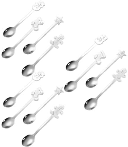 12Pcs Cuillères de Noël, cuillères à café en acier inoxydable, cuillères à thé créatives, cuillères à dessert, cuillères de table, cuillères à soupe, pour remplir les bas de Noël, pour la cuisine