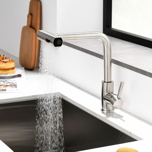 GOODCORNER Ausziehbar Brause Küchenarmatur mit Wasserfall, 360° Drehbar Einhebel Mischbatterie, Edelstahl Gebürste – inklusive 3 Strahlarten für Küche