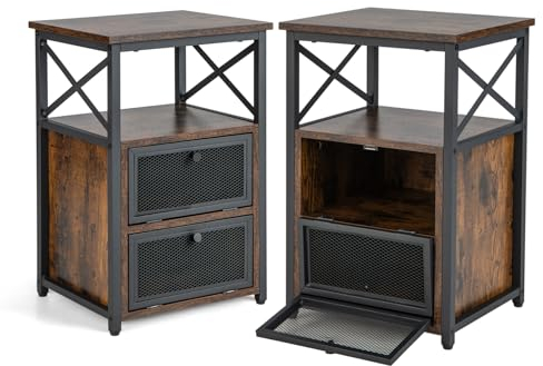 KOMFOTTEU Table de chevet chambre à coucher avec tiroirs, pieds, portes, petite table de chevet en bois et métal, armoire de bureau, table basse côté vintage pour salon, marron (35 x 40 x 60,5 cm, 1)