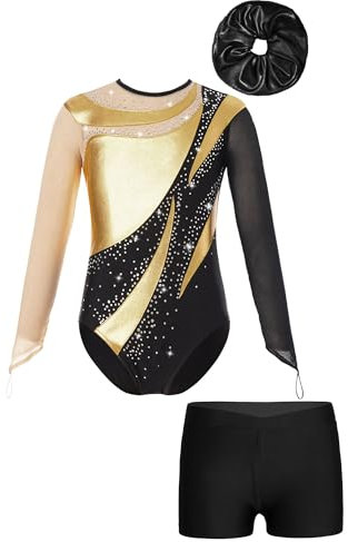 iiniim Kinder Mädchen Turnanzug Gymnastikanzug mit Shorts Haarband Glänzend Gymnastik Leotard Trikotanzug Wettbewerb Tanzkostüm Gold&Schwarz 146-152