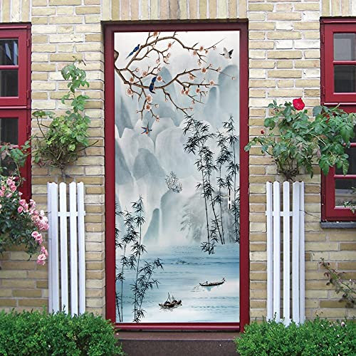 stickers paroi de douche 95x215cm(37.4 inches * 84.64 inches)Bambou petit bateau Stickers De Porte 3D Moderne Art Artistiques Auto-Adhésif Mural Poster Porte PVC Sticker Porte Autocollant Papier Peint