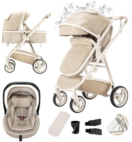 Gcarebb PU Leder 3 in 1 Kinderwagen, Buggy Mit Auto Babyschale, Mit Einem Klick Zusammenklappbarer Tragbarer Kinderwagen Komplettset, KombiKinderwagen Mit Aluminiumrahmen für Neugeborene 0-4 Jahre