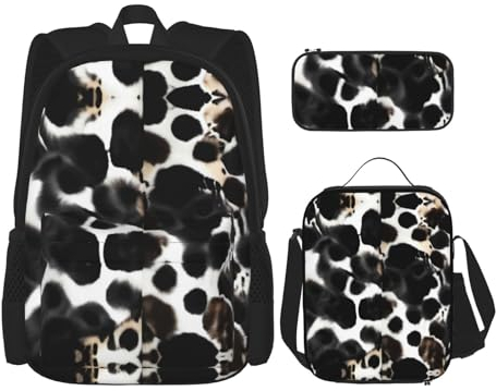 HJLUUFT Praktisches 3-teiliges Rucksack-Set mit Kuhfell-Druck, große Schultasche mit Lunchbox und Federmäppchen für Studenten, Rucksack und Lunchbox