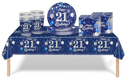 53Pcs Navy Blue and Sliver 21st Birthday Party Tableware Decorations,21st Birthday Table Cloth Plates and Napkins Cups Sets for Him Her Boys Girls Birthday Table Decorations for 21st Gifts Dinnerware