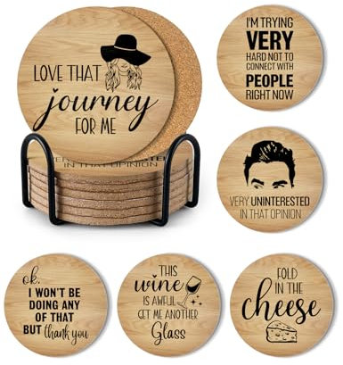 PWHINGN Schitts Creek Coasters Set of 6 with Holder, Funny Friends TV Show Merchandise for Drinks, Cork Coasters for Coffee Table