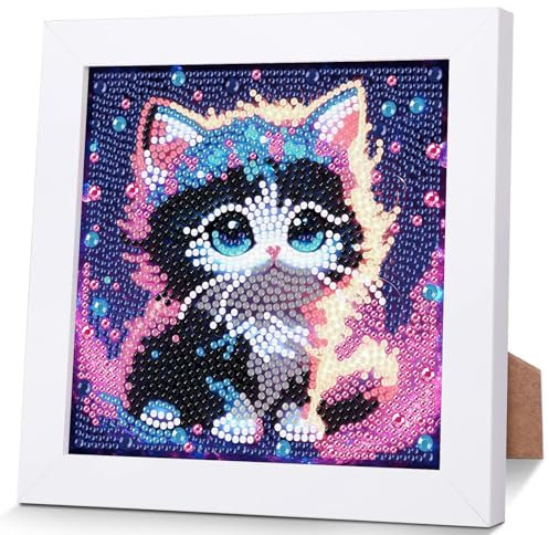 Katze Diamond Painting Kinder Mit Holzrahmen,Set Full Diamant Painting Bilder Kinder Tiere,5D Diamond Painting Mädchen,DIY Mosaikherstellung Arts Craft für Home Wand Decor 18x18cm