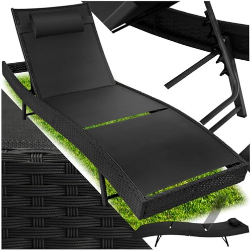 tectake® Sonnenliege, 6-Fach verstellbare Rückenlehne, Gartenliege wetterfest, Poolliege mit Kopfkissen, Outdoor Liege, UV-beständig, Strandliege für Garten, Terrasse und Balkon - schwarz